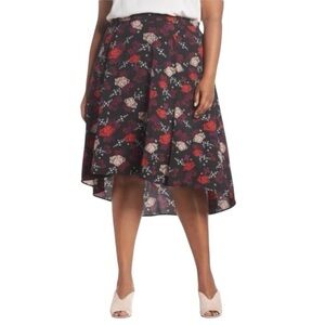 SEJOUR Flounce high/low black and red oriental garden print skirt Plus size 1X
